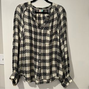 Anthropologie Pilcro Button Down Stitched Top Black/White/Yellow 2X